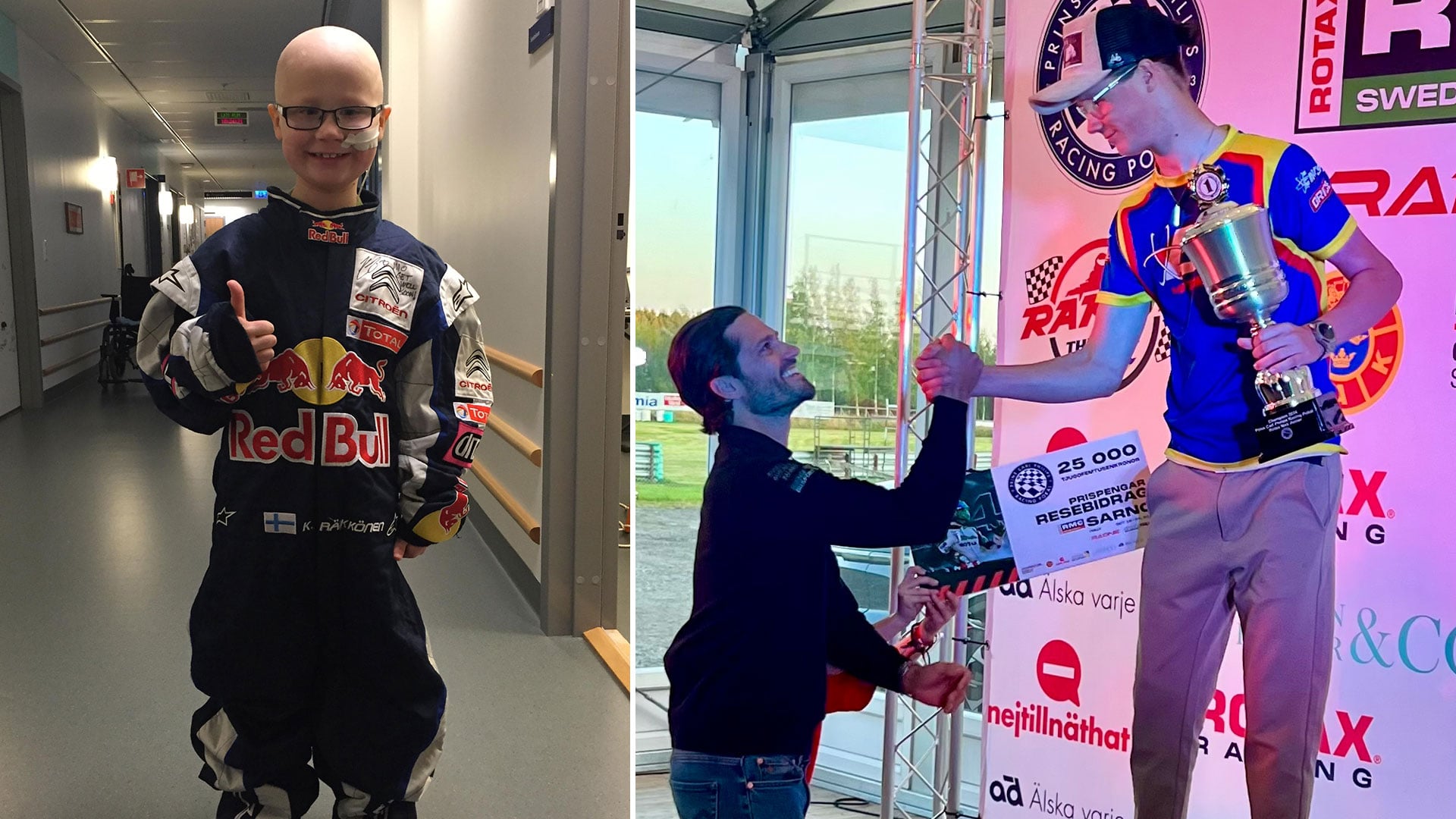 Montage med Mio Olert som barn i sjukhusmiljö med en racingoverall från Kimi Räikkönen, och senare som tonåring när han tar emot en pokal av Prins Carl Philip.
