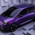 Lila Nissan Pixo snett framifrån.