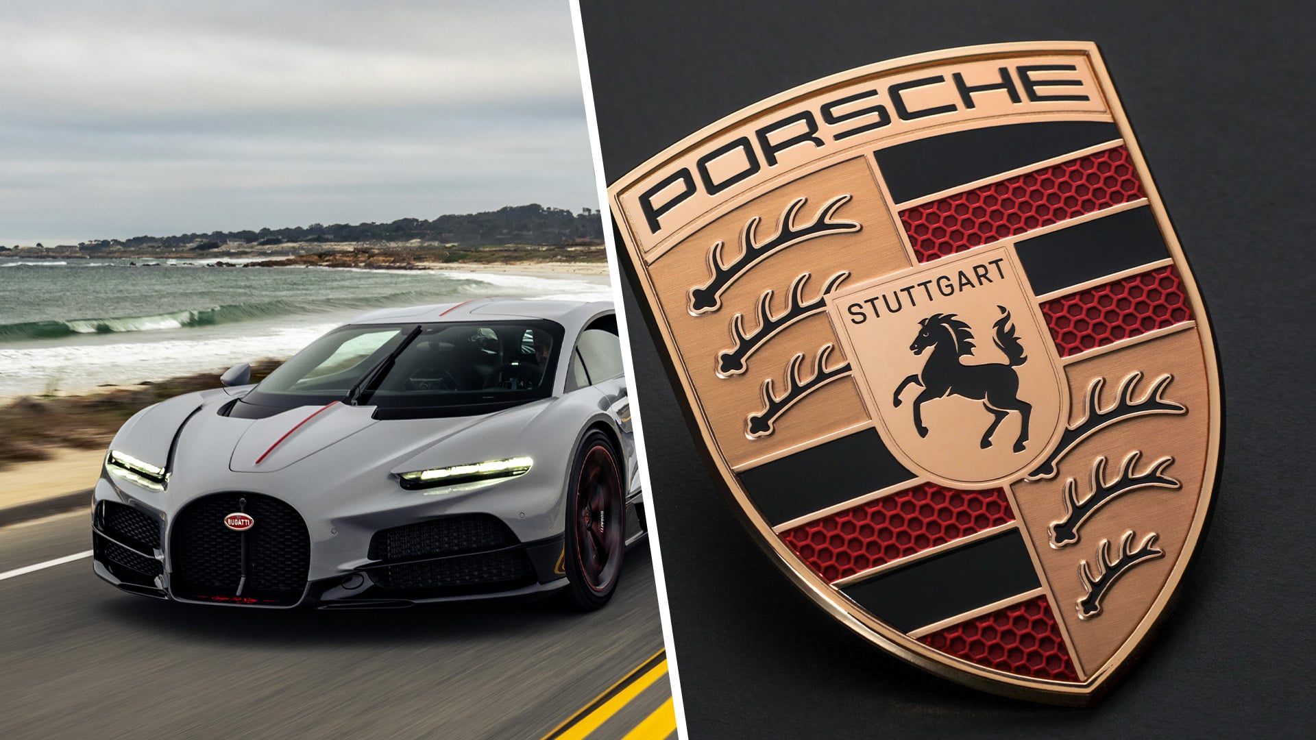 Till vänster är en Bugatti Tourbillon-prototyp och till höger är en Porsche-logga.