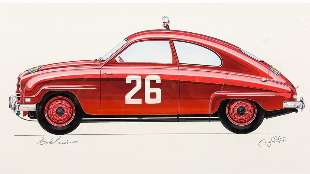 Rony Lutz-tavla på en röd Saab 93.