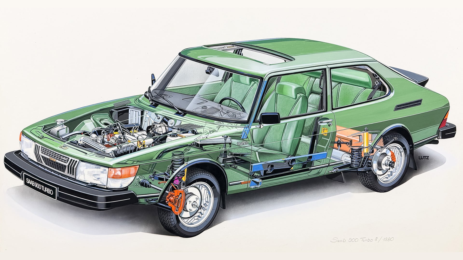Originalillustration av Saab målad av Rony Lutz på en grön Saab 900 Turbo.