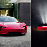 Tesla Roadster i montage – äldre rendering framifrån och ny teaserbild bakifrån med raketliknande ljuseffekter mot stjärnhimmel.