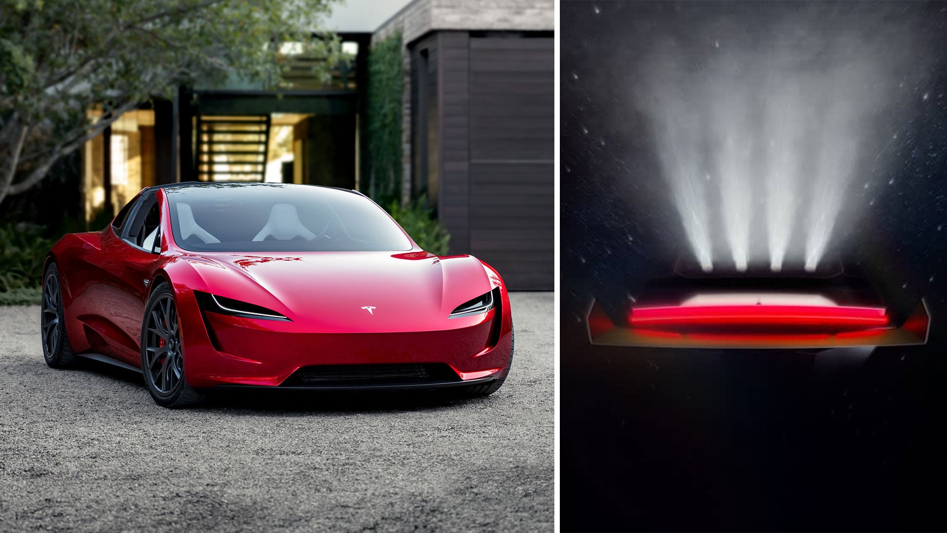 Tesla Roadster i montage – äldre rendering framifrån och ny teaserbild bakifrån med raketliknande ljuseffekter mot stjärnhimmel.