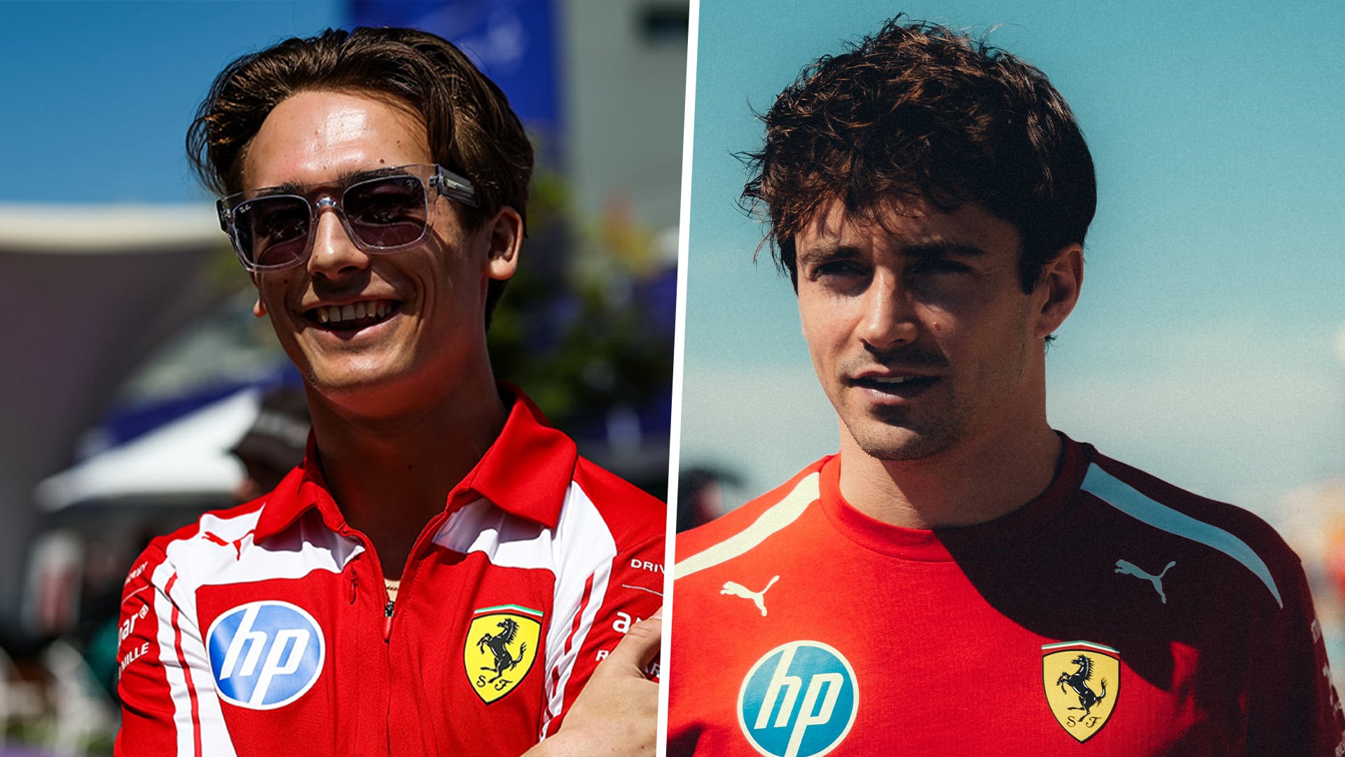 Bildmontage med Formel 1-föraren Charles Leclerc och Ferraris reservförare Dino Beganovic.