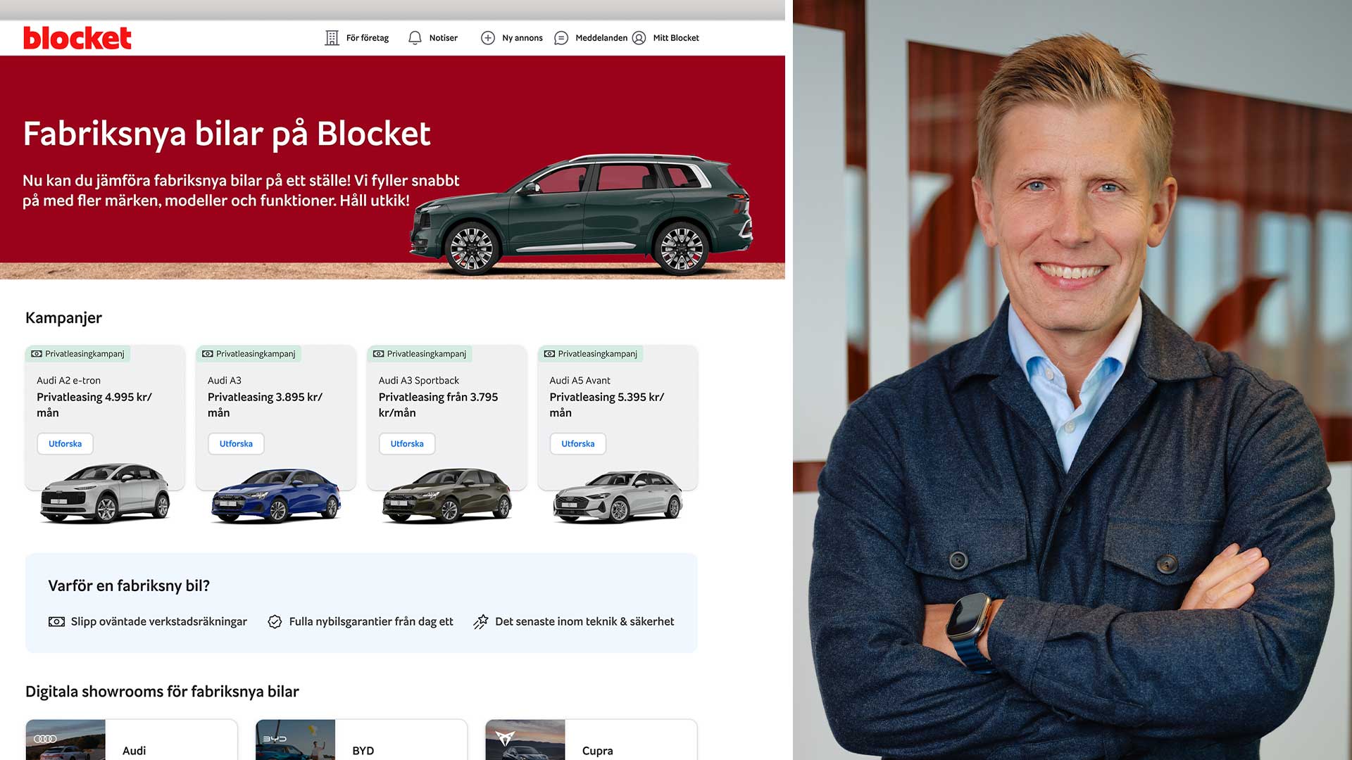 Montage med Blockets nya tjänst för fabriksnya bilar och Blockets vd Robin Suwe.