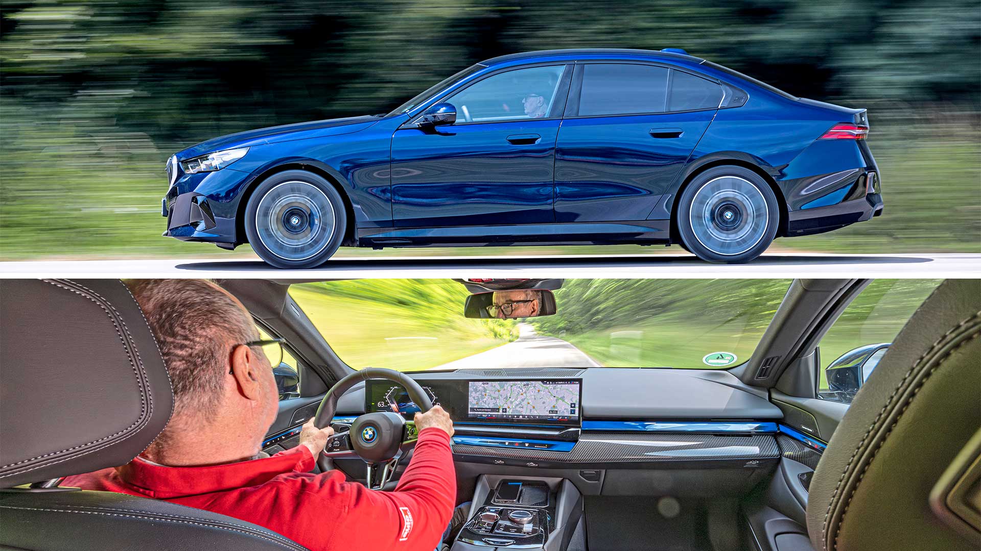 Blå BMW i5 fotograferad i profil under körning samt interiörbild där föraren sitter bakom ratten.
