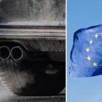 Montage föreställande avgasrör på bil en och EU-flagga.