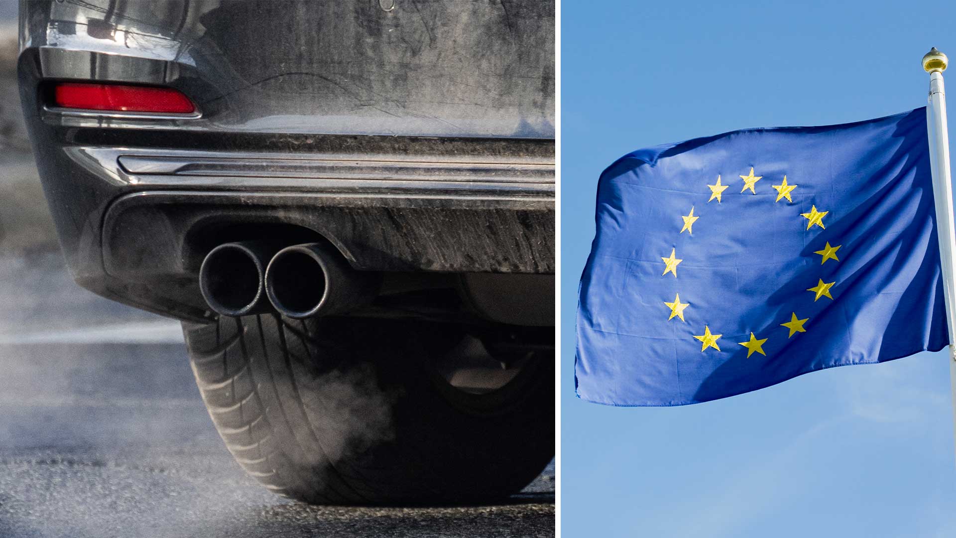 Montage föreställande avgasrör på bil en och EU-flagga.