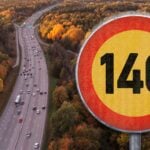 Bildmontage av en motorväg med trafik och en hastighetsskylt som visar 140 km/h.