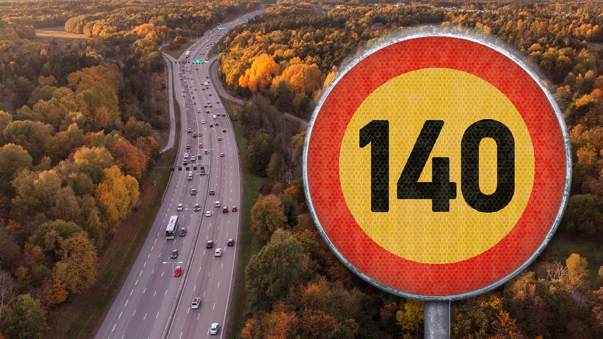 Bildmontage av en motorväg med trafik och en hastighetsskylt som visar 140 km/h.