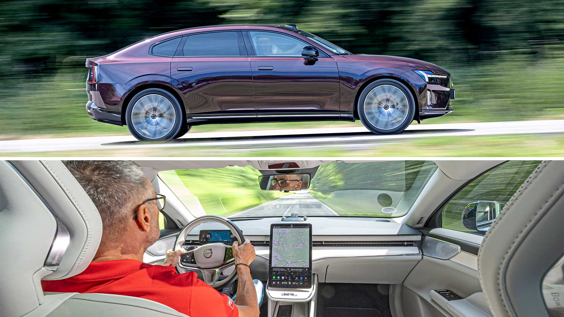 Volvo ES90 i profil under körning samt interiörbild från förarplatsen med stor stående pekskärm.