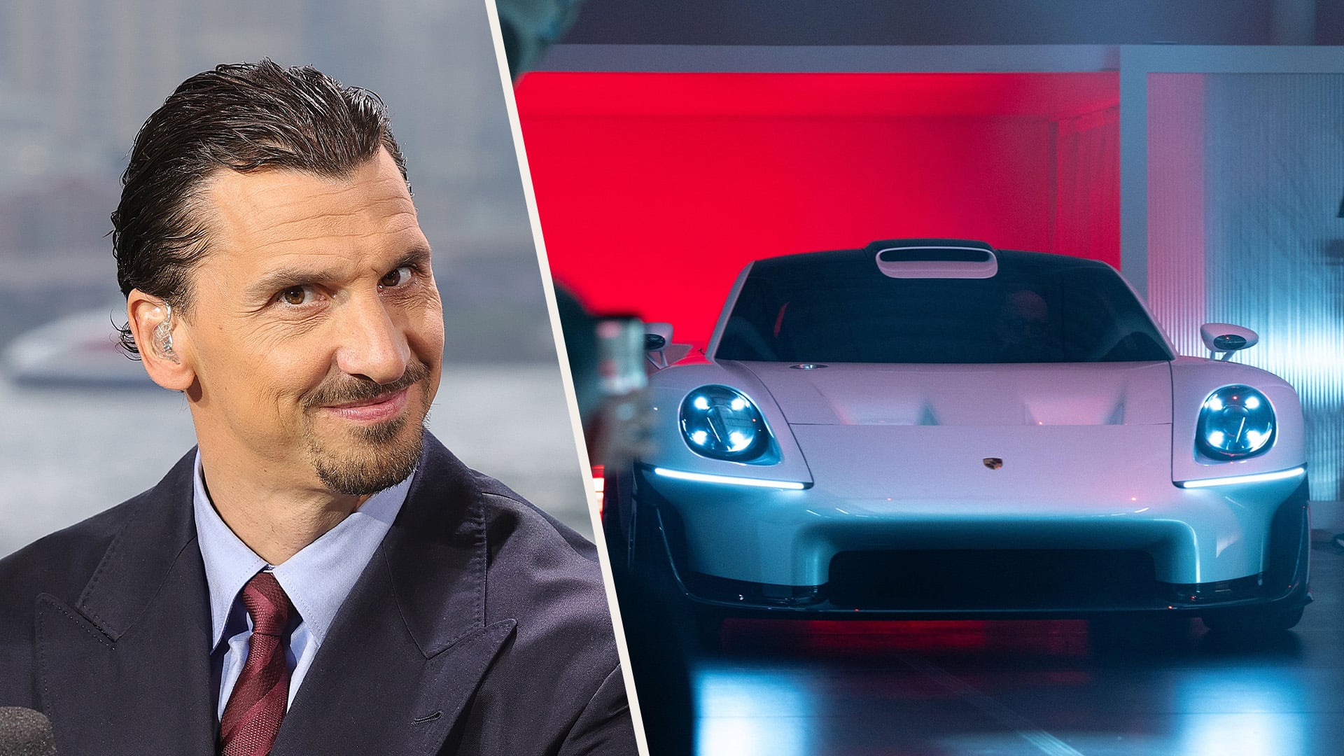 Zlatan Ibrahimovic ser lurig ut till vänster i bild. Till höger i bild ser vi fronten på en Porsche Mission S.
